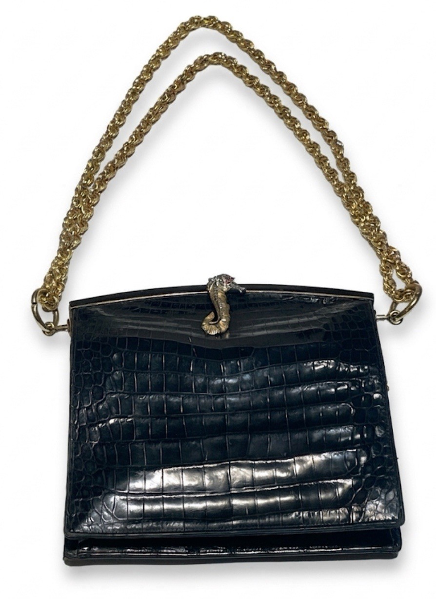 Vintage HARRODS Genuine Crocodile Skin Handbag Seahorse Clasp Made in France