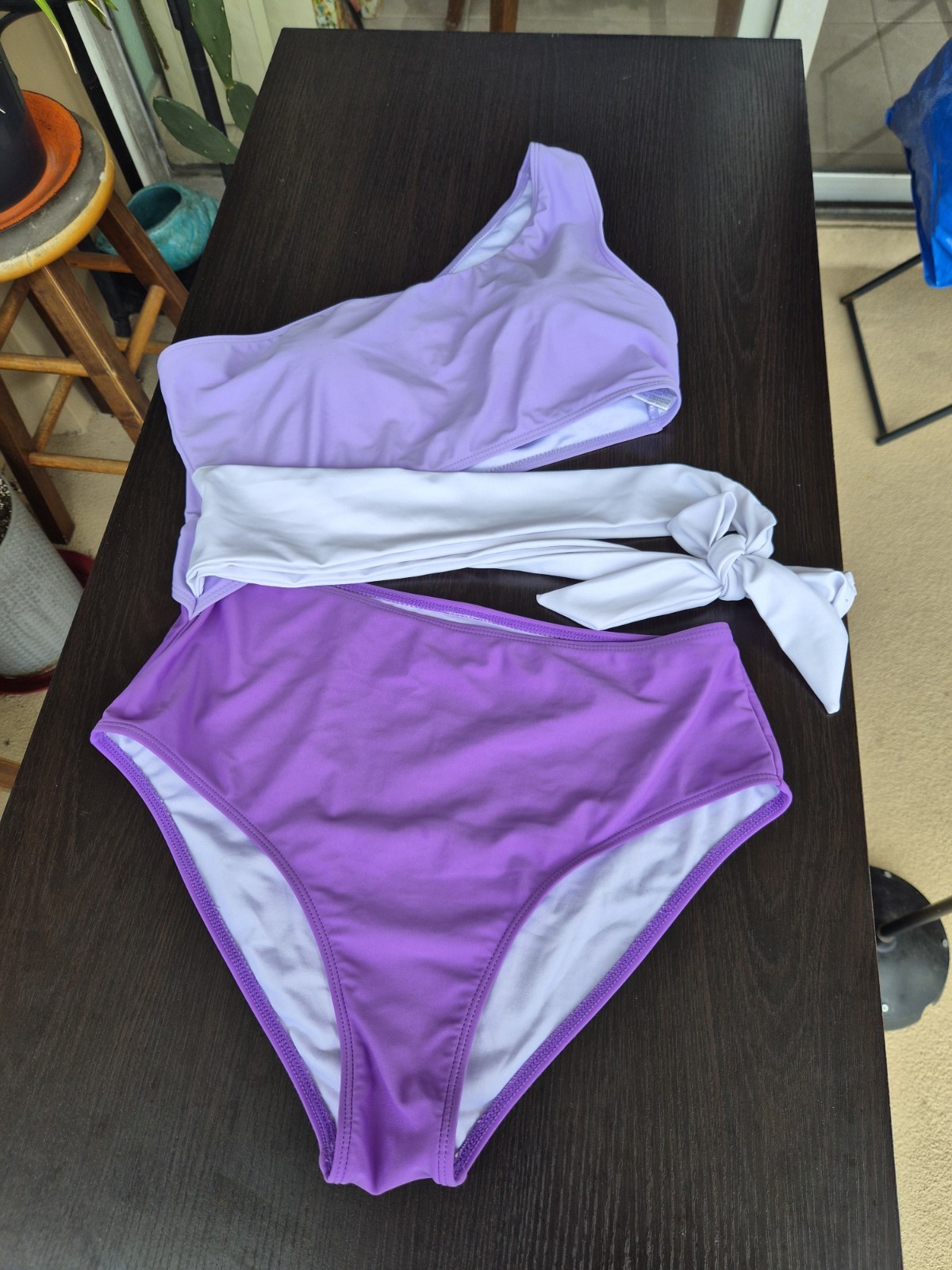 PatPat One Shoulder One Piece Swimsuit Purple White Wrap Tie Women L PatPat One Shoulder One Piece Swimsuit Purple White Wrap Tie Women L