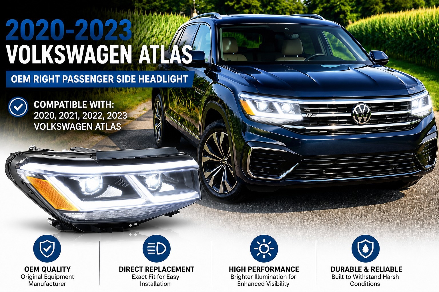 ✅20-23 VW Volkswagen Atlas✅OEM Right Passenger Side Headlight DRL Defective