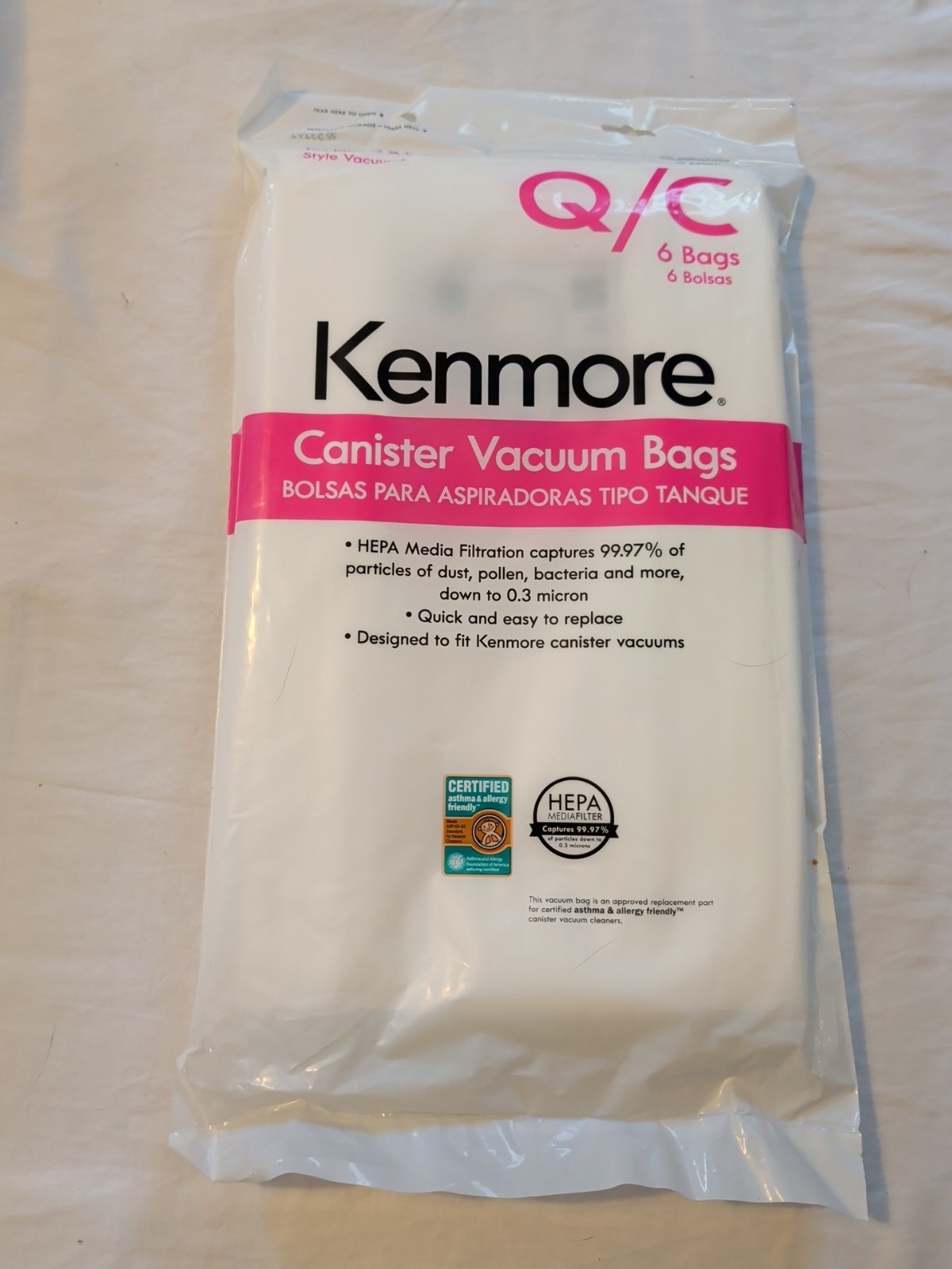 6 Kenmore Sears Type Q/C HEPA Vacuum Bags Style 20 53292, replaces 50557, 50558