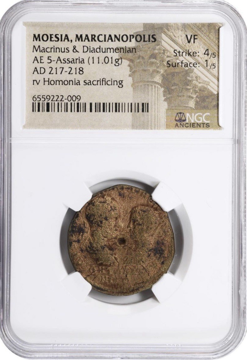 Diadumenian & Macrinus 217-218 AD, Roman Empire AE 5-Assaria Moesia Coin, NGC VF