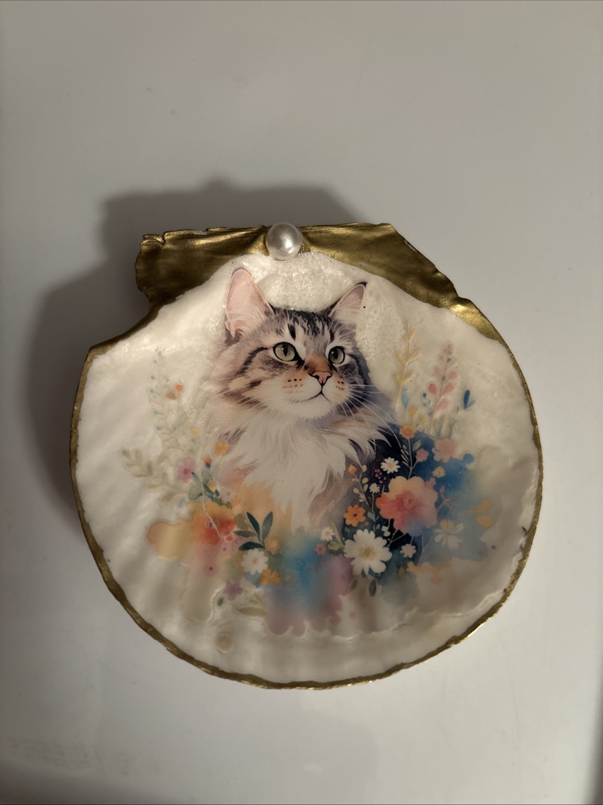 Fluffy Tabby Cat Shell Ornament Trinket Dish Bowl 4”Handmade Decoupaged OOAK Fluffy Tabby Cat Shell Ornament Trinket Dish Bowl 4”Handmade Decoupaged OOAK