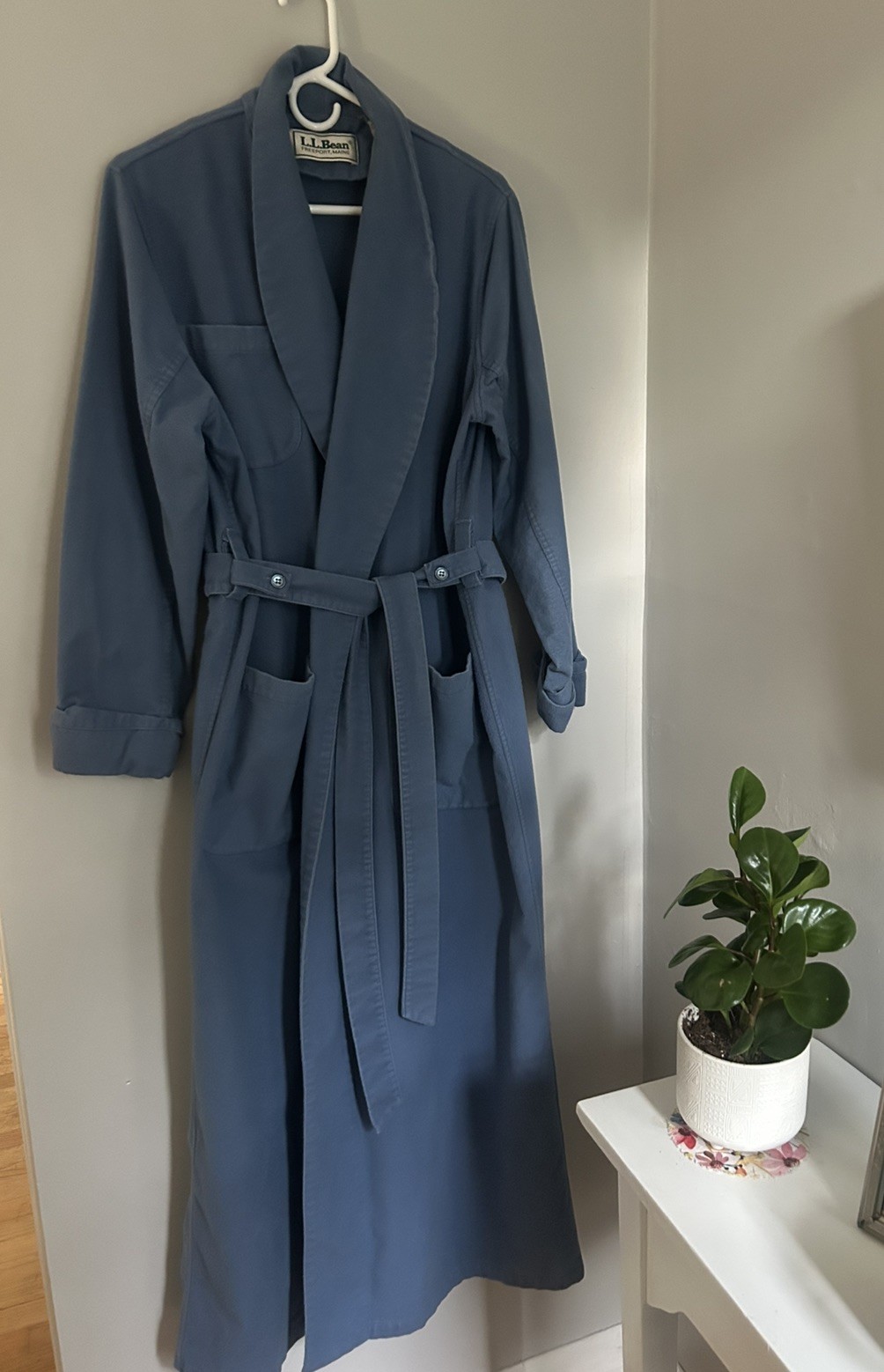 Vtg LL Bean Women’s Blue Cotton Flannel Belted Tie Robe Shawl Collar, XL