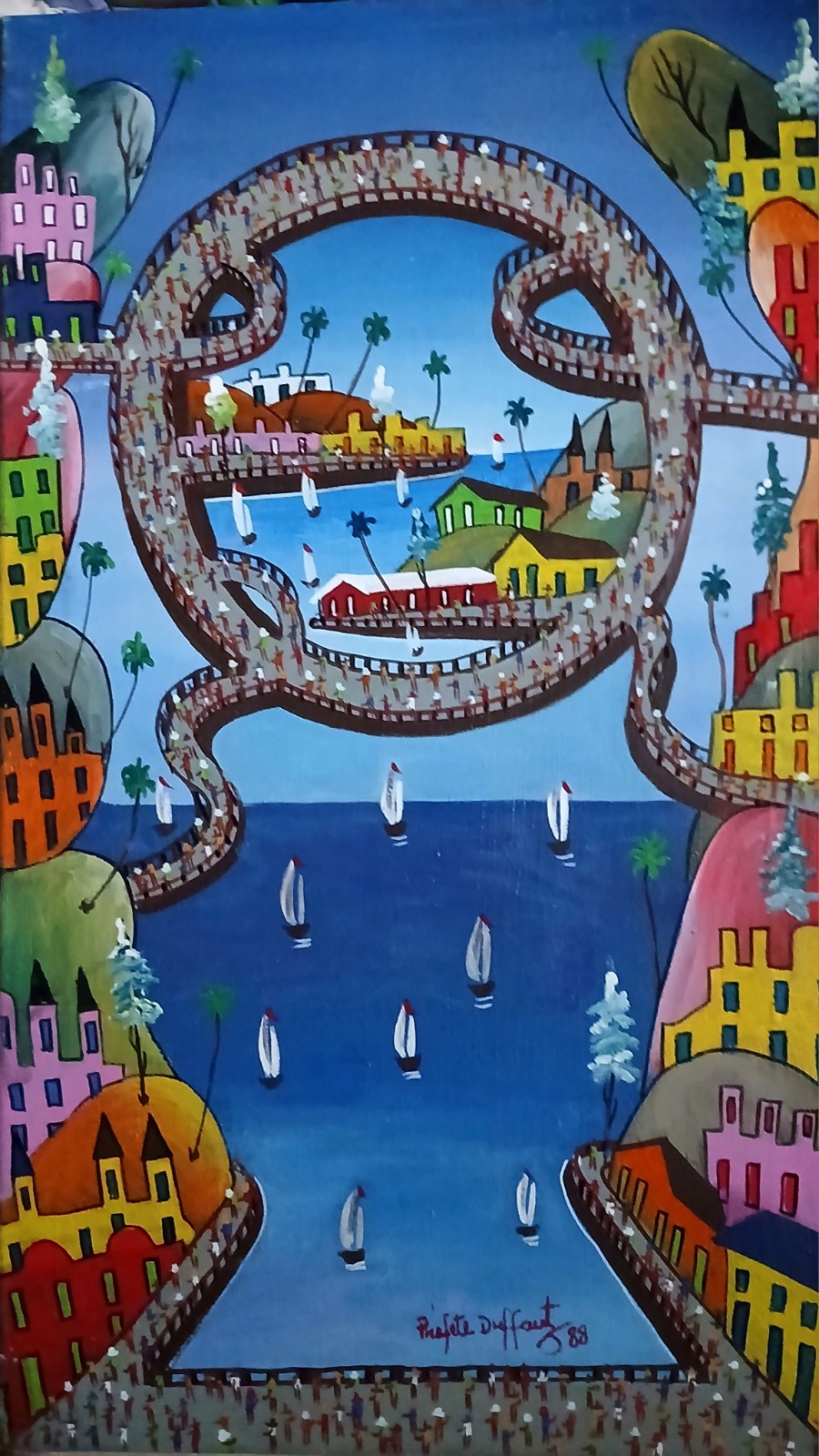 Vintage Original Haitian painting by renown master PREFETE DUFFAUT-Haiti 24 x 14