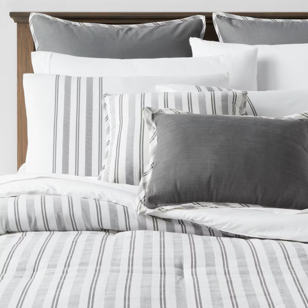 8pc King Reversible Classic Stripe Comforter Set Gray/White - Threshold: