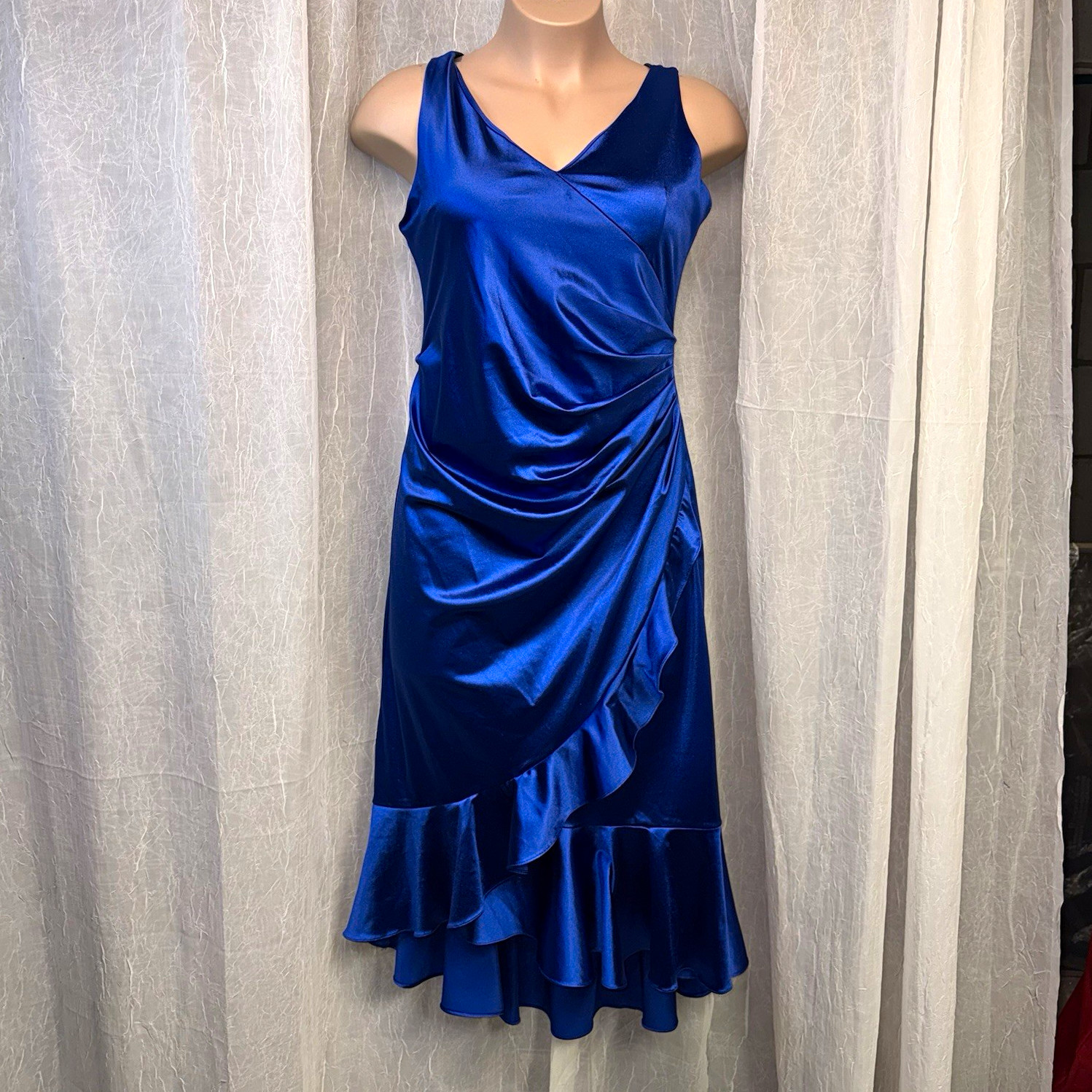 JM Studio by John Meyer Blue Satin V-Neck Sleeveless Ruched Sheath Midi 14