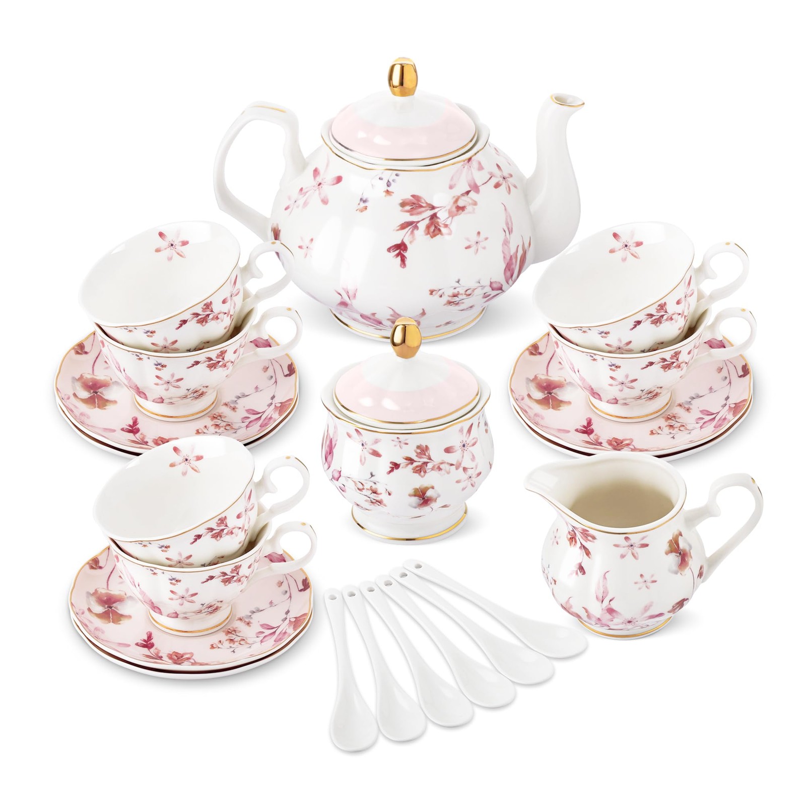 21 Pieces British Pink Autumn Leaves Floral Porcelain Tea Set 21 Pieces British Pink Autumn Leaves Floral Porcelain Tea Set