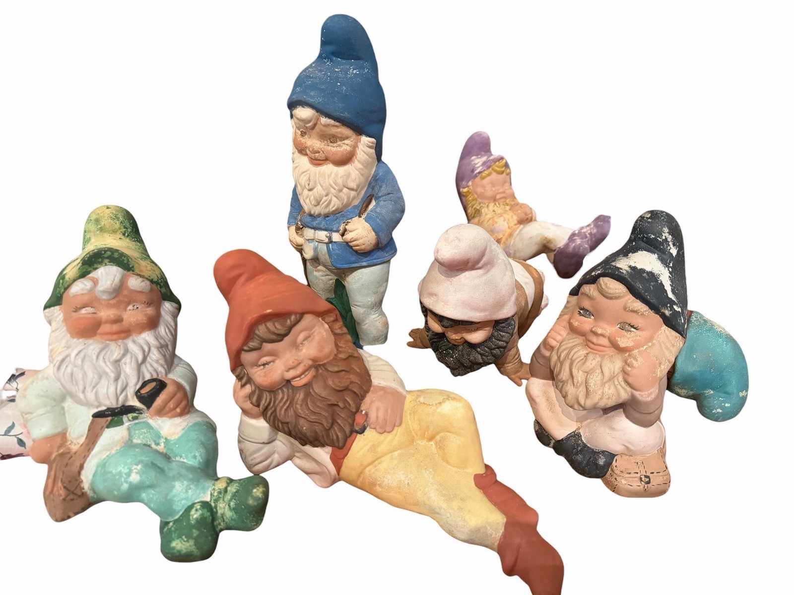 Vintage 1970\'s Garden Gnomes 7 Piece Hand-Painted Ceramic Standing Vintage 1970\'s Garden Gnomes 7 Piece Hand-Painted Ceramic Standing