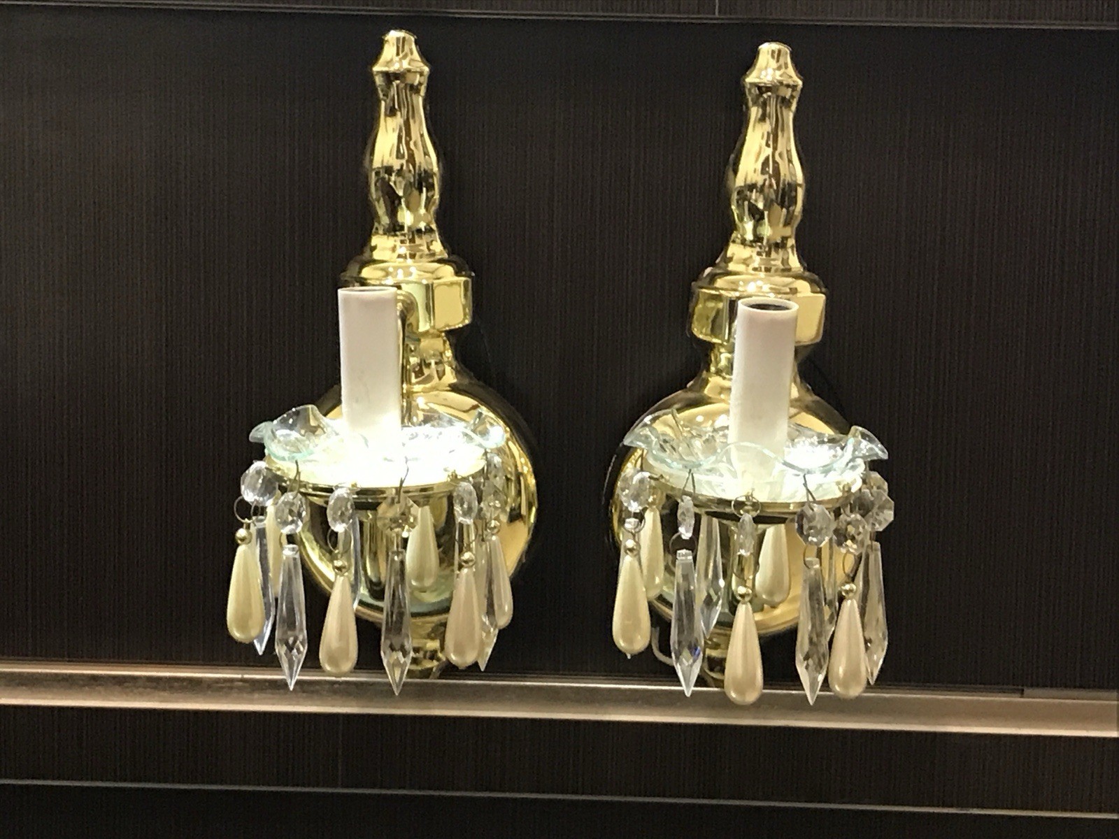 Antique Vintage Pair Light Wall Lamps Sconces Brass And Crystals Antique Vintage Pair Light Wall Lamps Sconces Brass And Crystals