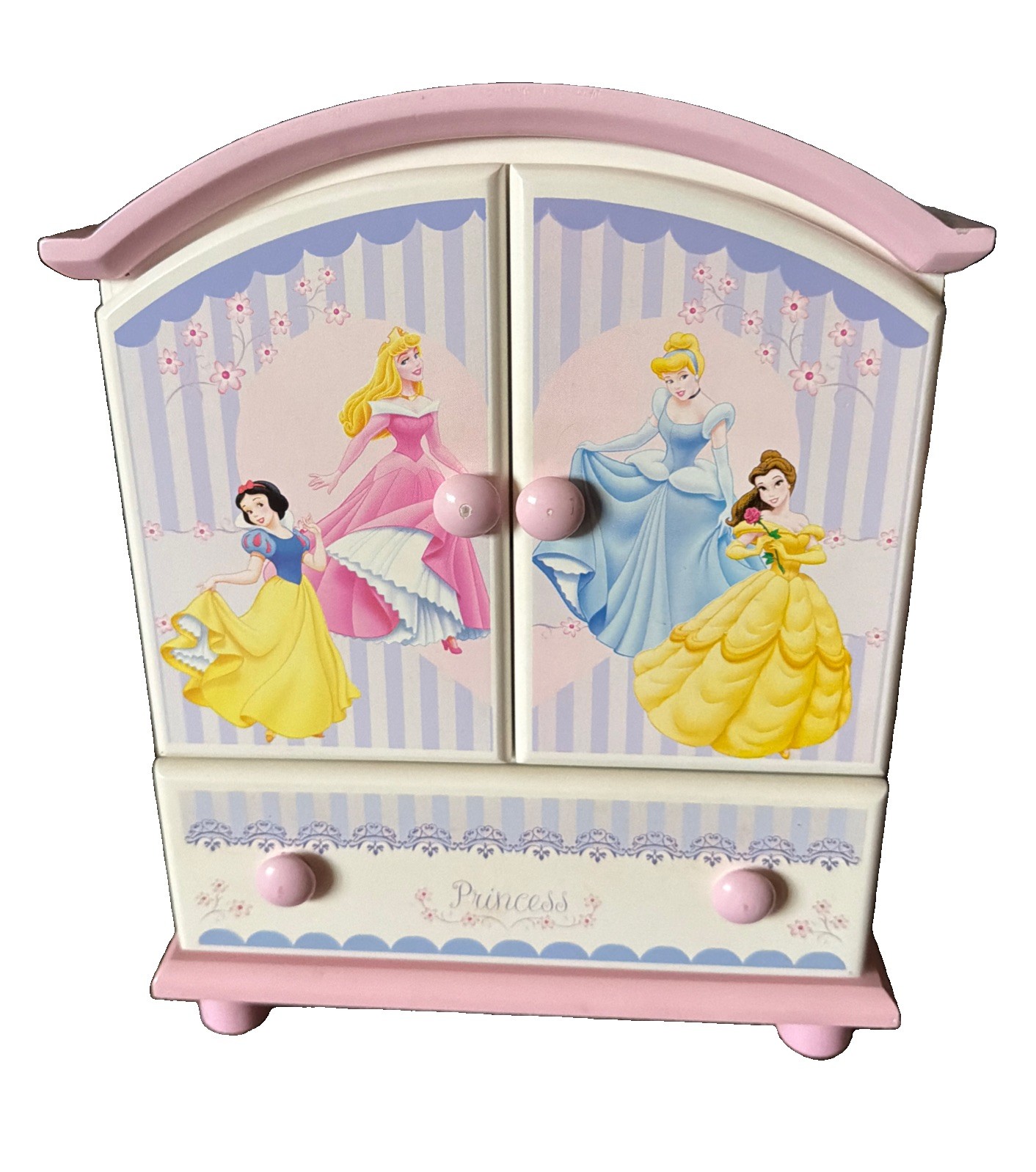 VTG Disney 4 Princesses Heavy Wooden Jewelry Box Armoire Belle, Cinderella…Etc