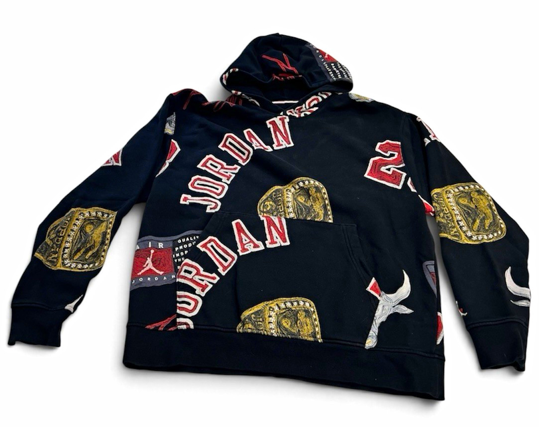 Air Jordan Men\'s Black Graphic Print Fleece Pullover Hoodie Pockets Drawstring L