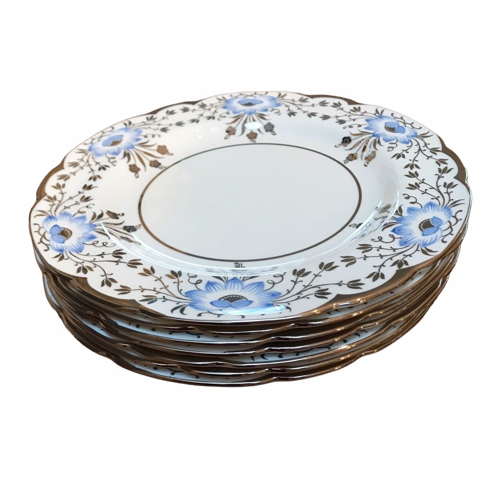 Rare Vintage Wedgwood Blue Lotus Flowers Set 6 Dinner Plates Silver Luster Trim Rare Vintage Wedgwood Blue Lotus Flowers Set 6 Dinner Plates Silver Luster Trim