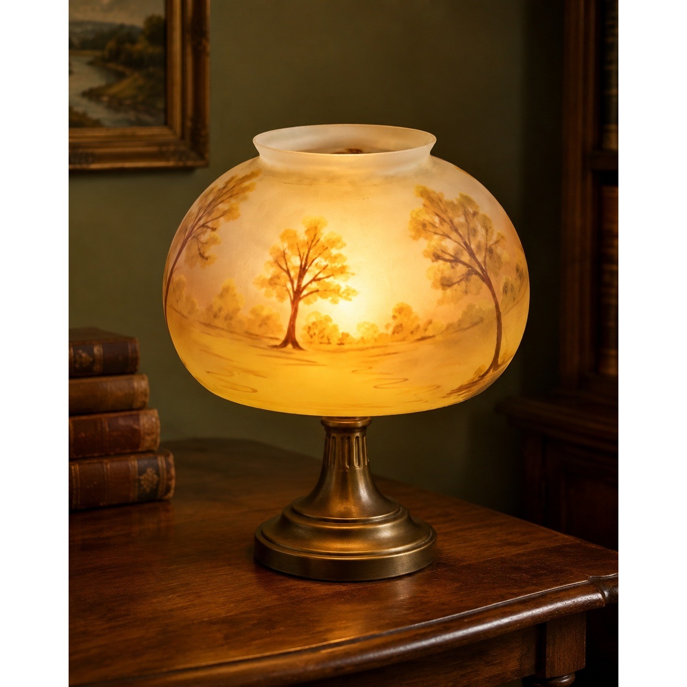 Antique Reverse Painted Glass LampShade Scenic Tree Pairpoint Era 6 Antique Reverse Painted Glass LampShade Scenic Tree Pairpoint Era 6