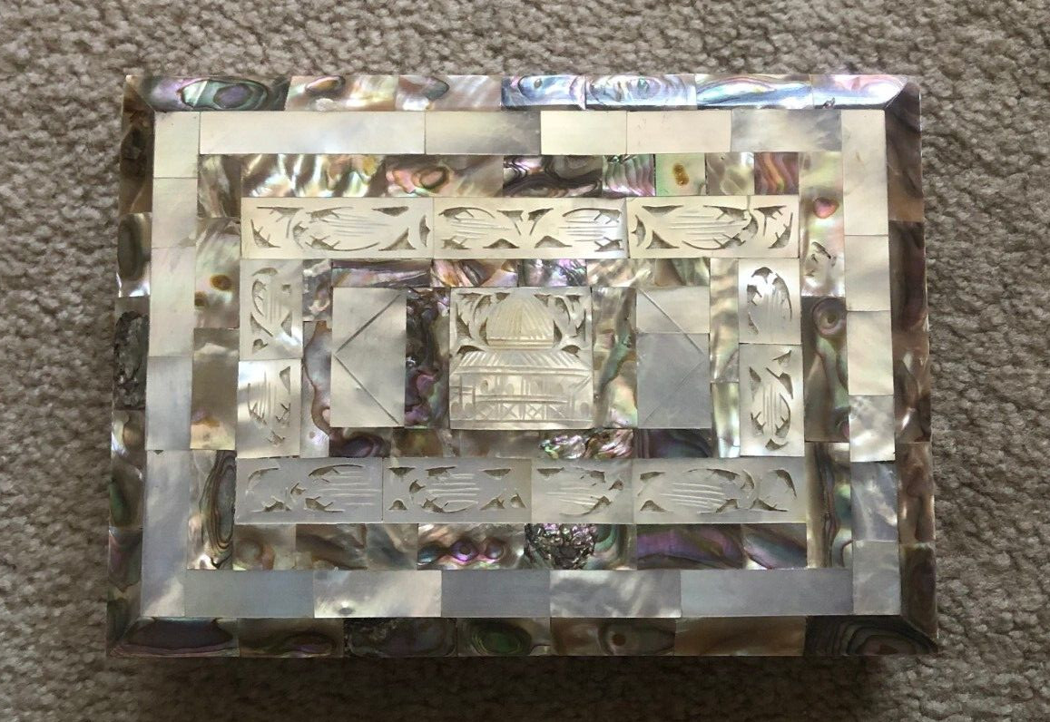 Vintage Mother of Pearl Abalone Shell Jewelry Box Cigar Box Bethlehem 6 3/4\ Vintage Mother of Pearl Abalone Shell Jewelry Box Cigar Box Bethlehem 6 3/4\