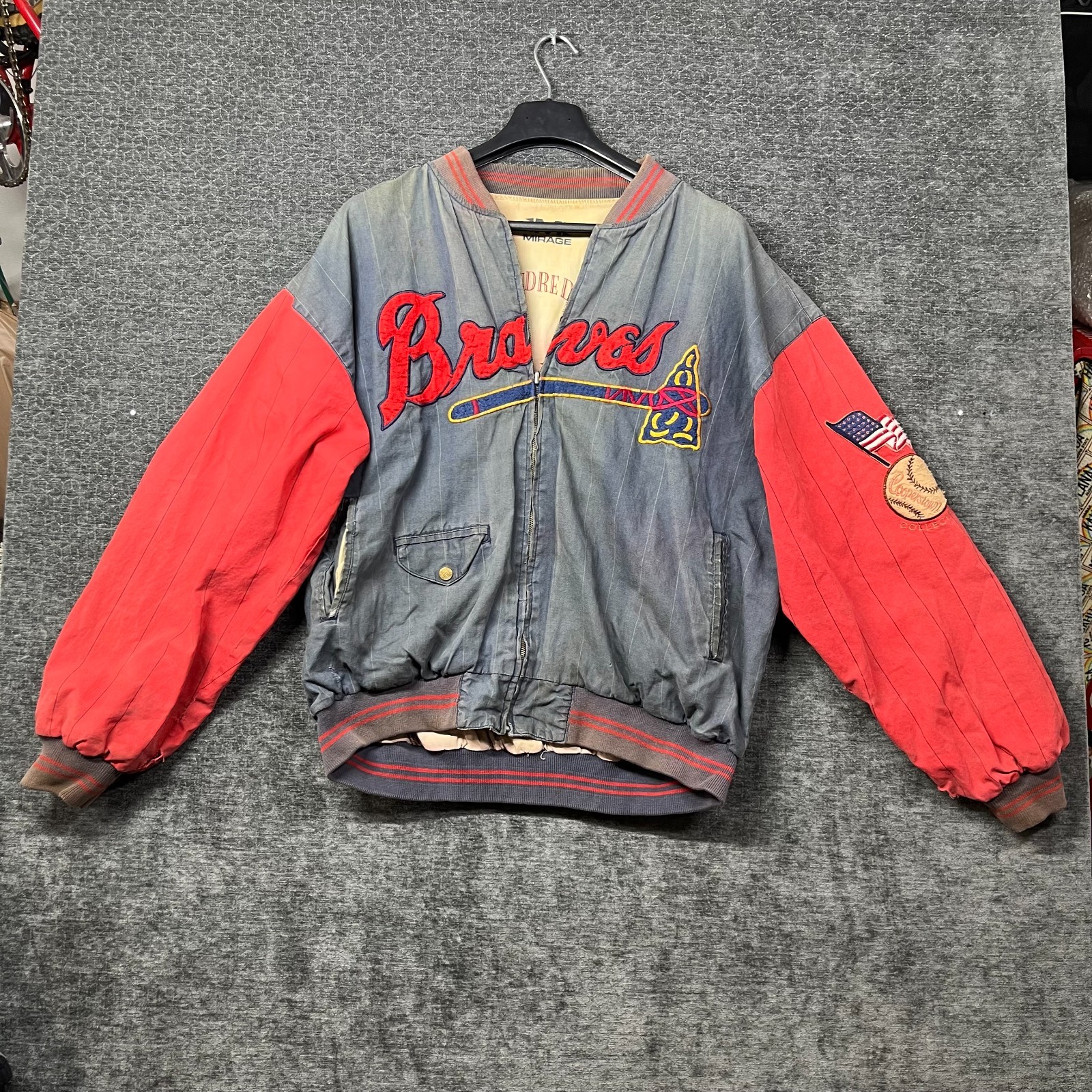 Vintage 90s Mirage MLB Atlanta Braves Bomber Jacket Mens Blue Red Pinstripe - XL
