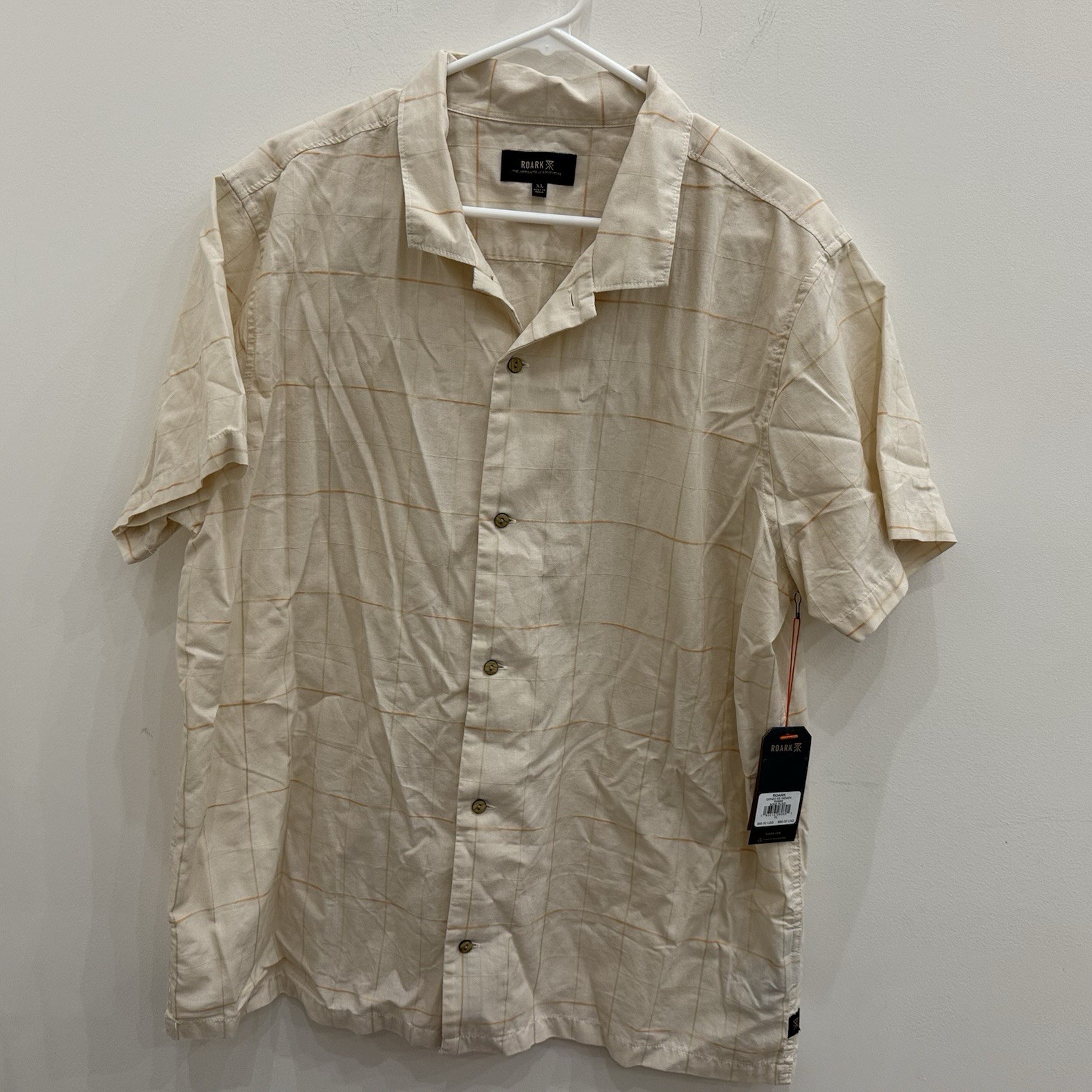 Roark Men’s Bone Plaid Button Up Short Sleeve Organic Cotton Shirt New W/Tag XL
