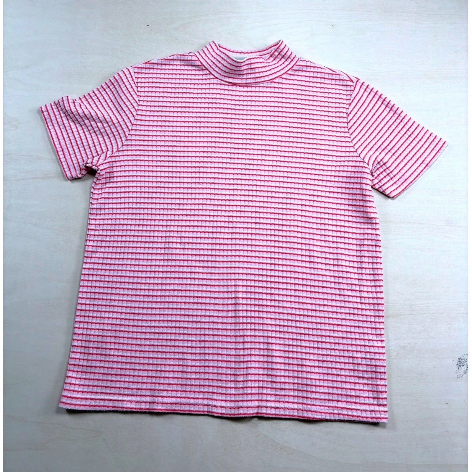 Vintage Basic Editions Pink White Striped Mock Neck Ribbed Knit Top Medium