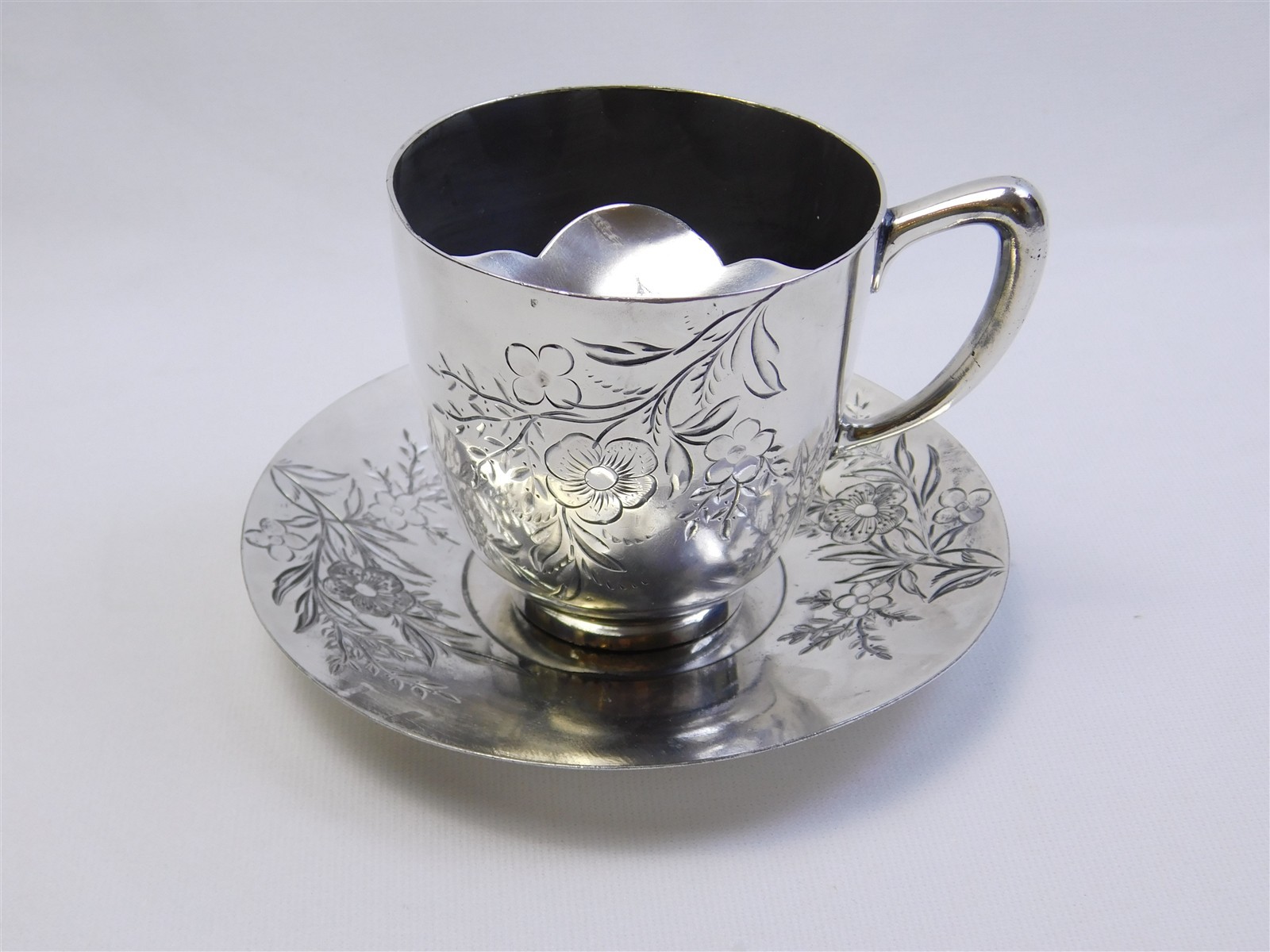 Antique HOMAN Silver Plate Co Floral Engraved MUSTACHE CUP & Saucer Set #2002 