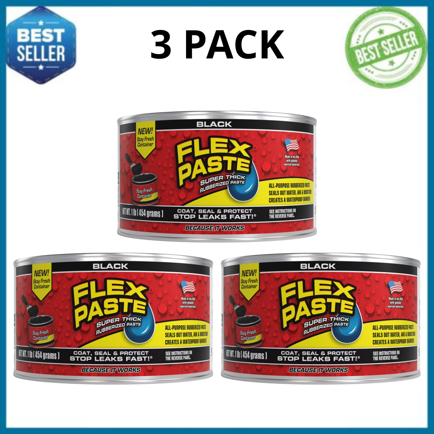Flex Paste Industrial Sealant, Thick Rubber Coating, Black, 8.75 fl oz, 3 Pack