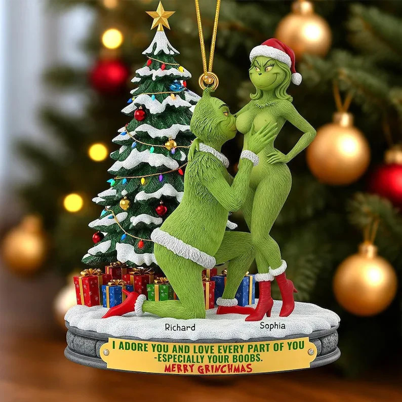 Personalized Grinch Christmas Ornament, Funny Green Monster Couple