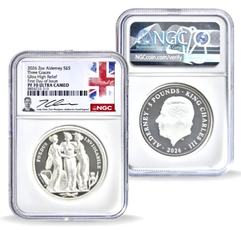 2026 Alderney UK £5  THREE GRACES 2 Oz SILVER UHR  NGC PF70 FDOI - Clark 🇬🇧