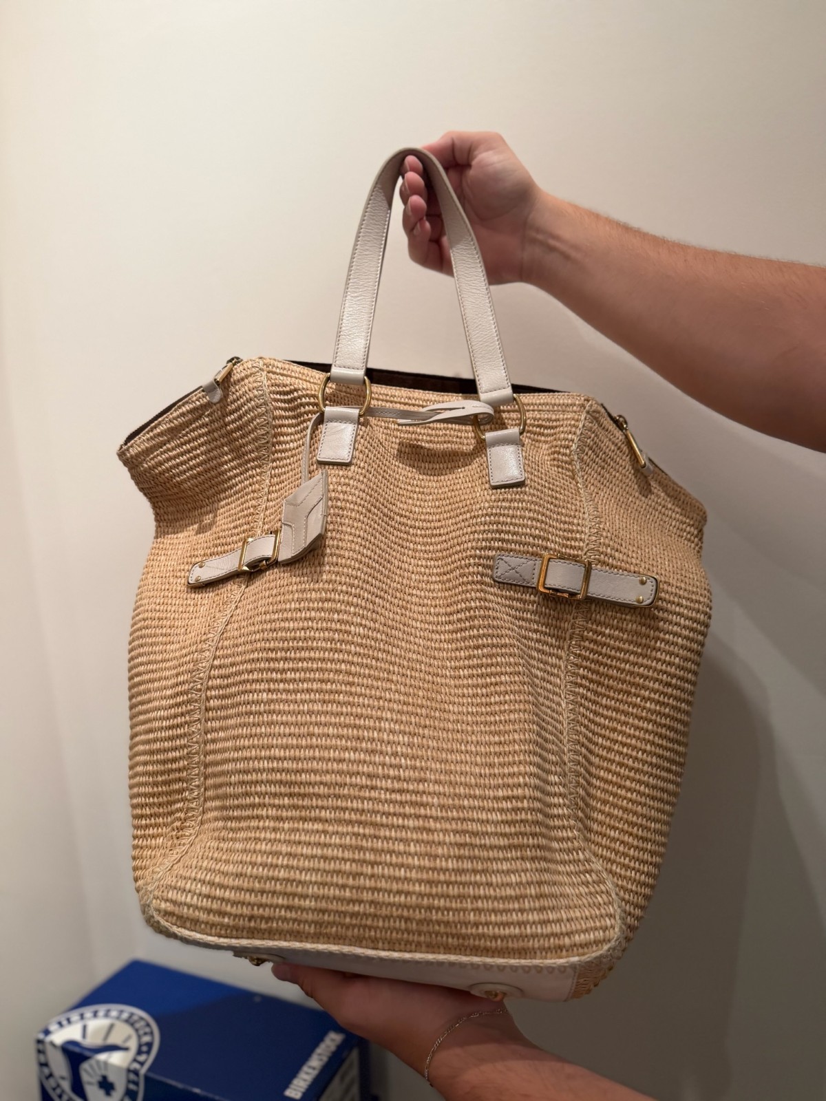 Yves Saint Laurent YSL Tribute Metropolis Raffia Tote Bag White Leather Vintage
