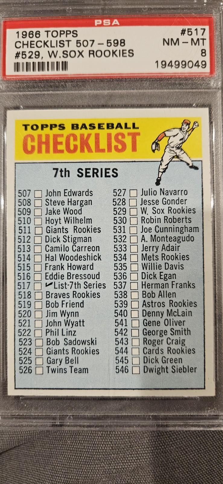 CHECKLIST 507-598 1966 TOPPS BASEBALL W. SOX ROOKIES #517 PSA 8