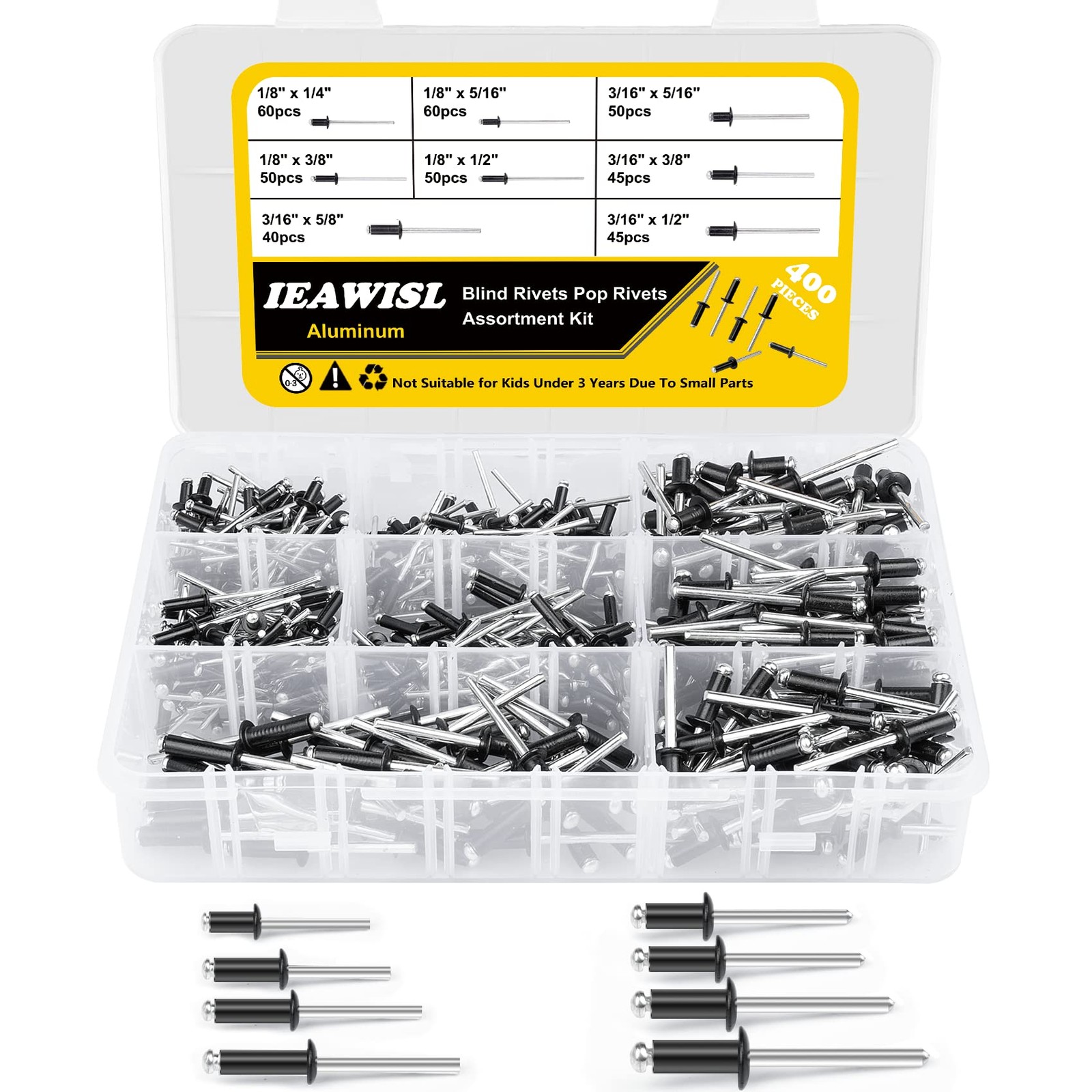 100PCS Black Pop Rivets Assortment Kit, 8 SAE Sizes Aluminum Rivets 1/8