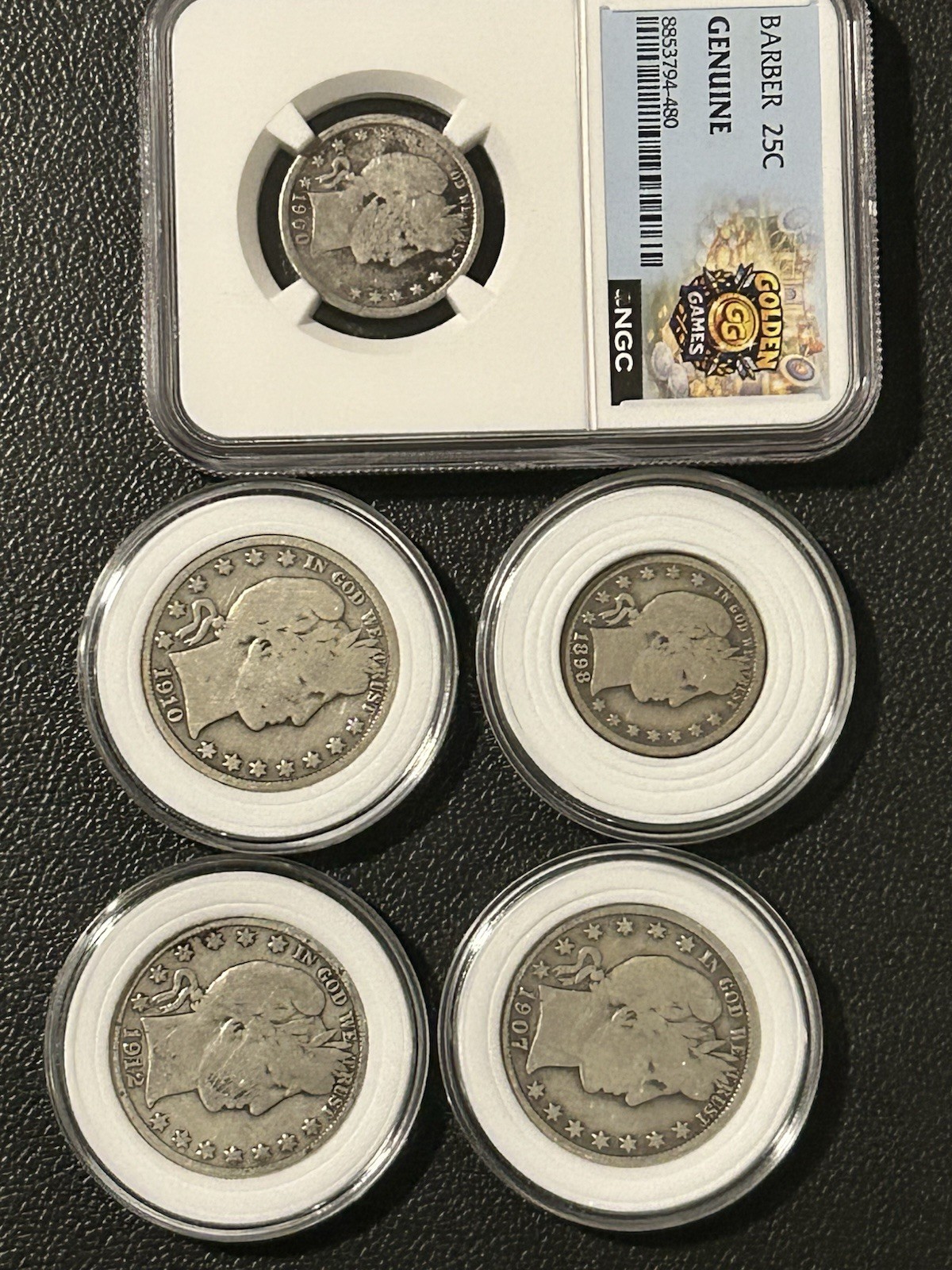 1907, 1910,1912 D, Barber Half Dollars, 1898 o, 1900 Barber Quarters