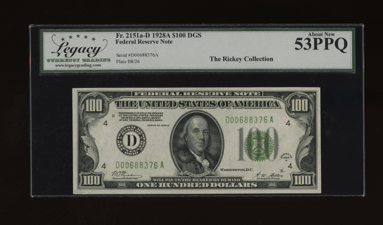 DBR 1928-A $100 DGS FRN Cleveland Fr. 2151-Ddgs Legacy 53 PPQ Serial D00688376A