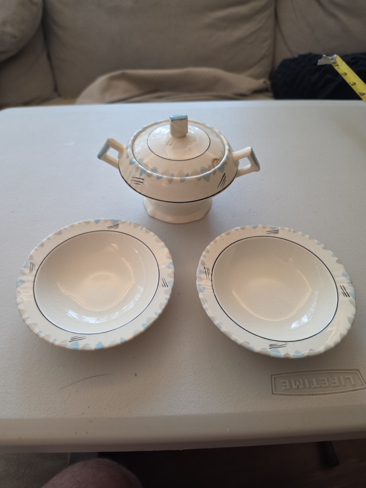 Vintage Myott Son & Co Art Deco Lidded Sugar Bowl & 2 Small Bowls Hand...