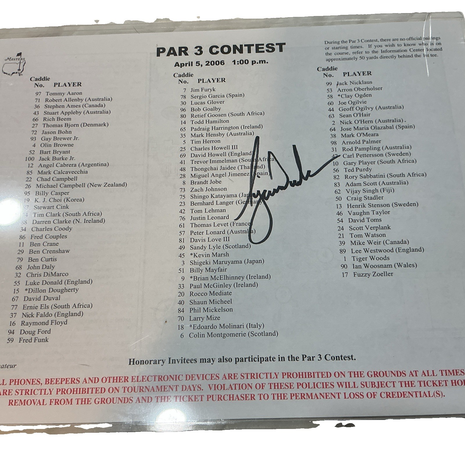 Masters Tiger Woods Signed Autographed Par 3 Group Player Pairings W/COA🏌🏾🔥