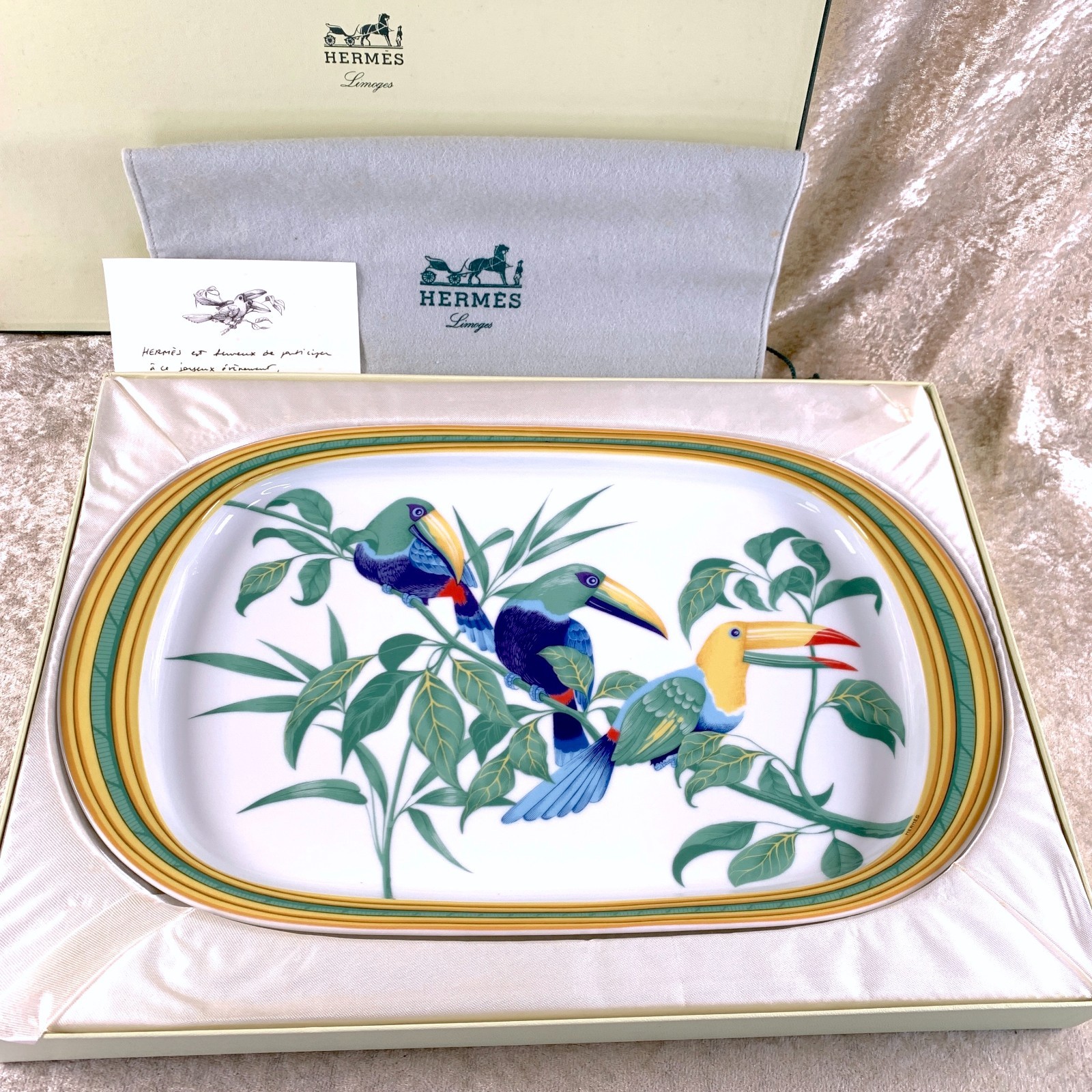 Hermes Toucans Large Oval Plate Serving Platter Porcelain 39 x 24 cm with Case