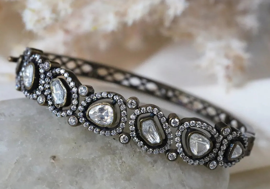 Vintage Polki & Pave Diamond Bangle 925 Silver Semi Band Openable Polki Bangle Vintage Polki & Pave Diamond Bangle 925 Silver Semi Band Openable Polki Bangle