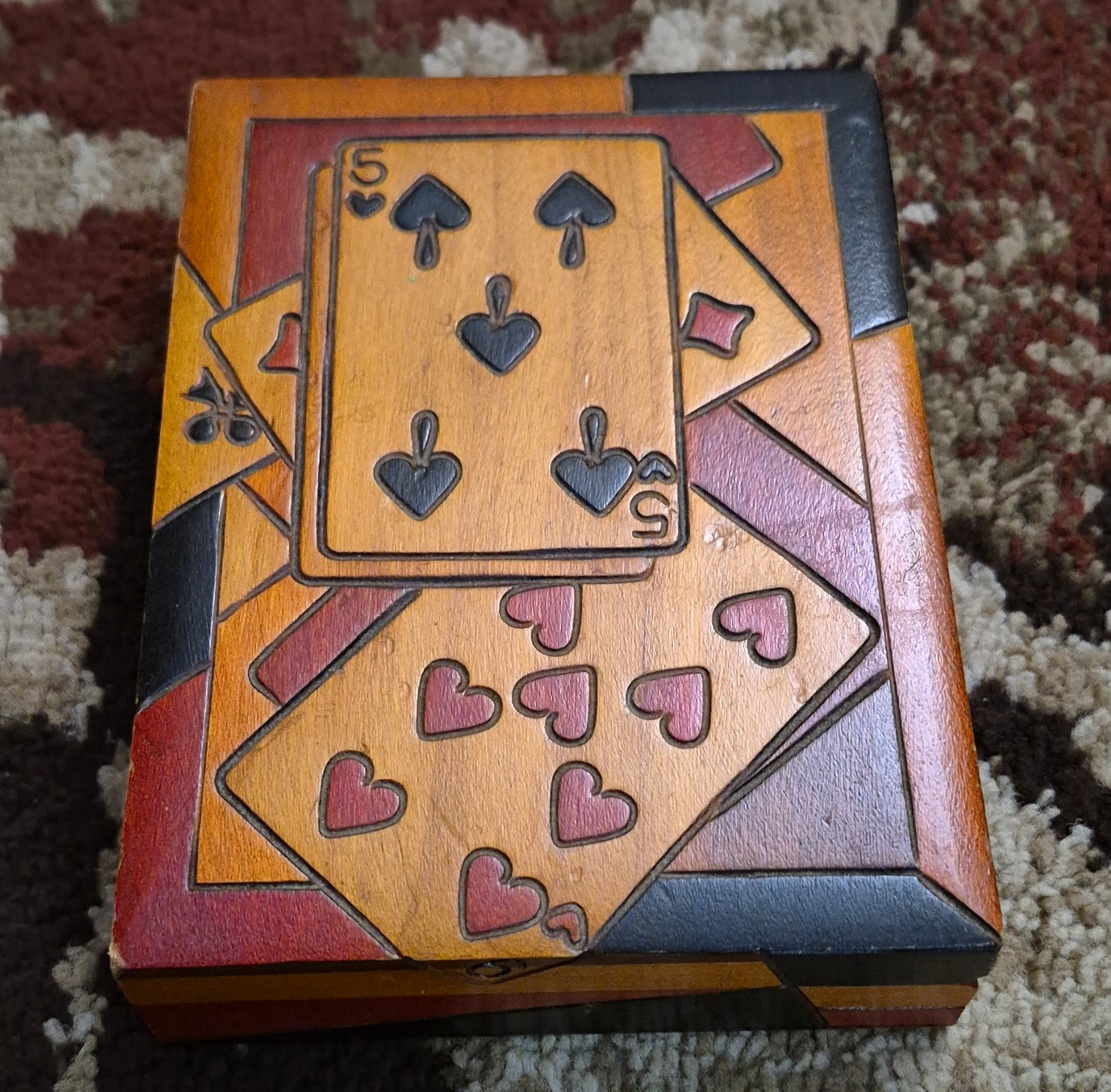 Vintage Hand Carved And Painted Wood Playing Cards Gambling Theme Box Vintage Hand Carved And Painted Wood Playing Cards Gambling Theme Box