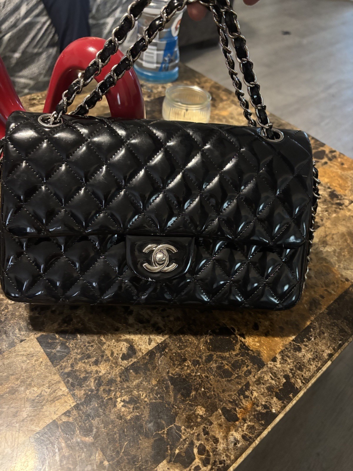 CHANEL Black Patent Leather Classic Flap Shoulder Bag CHANEL Black Patent Leather Classic Flap Shoulder Bag