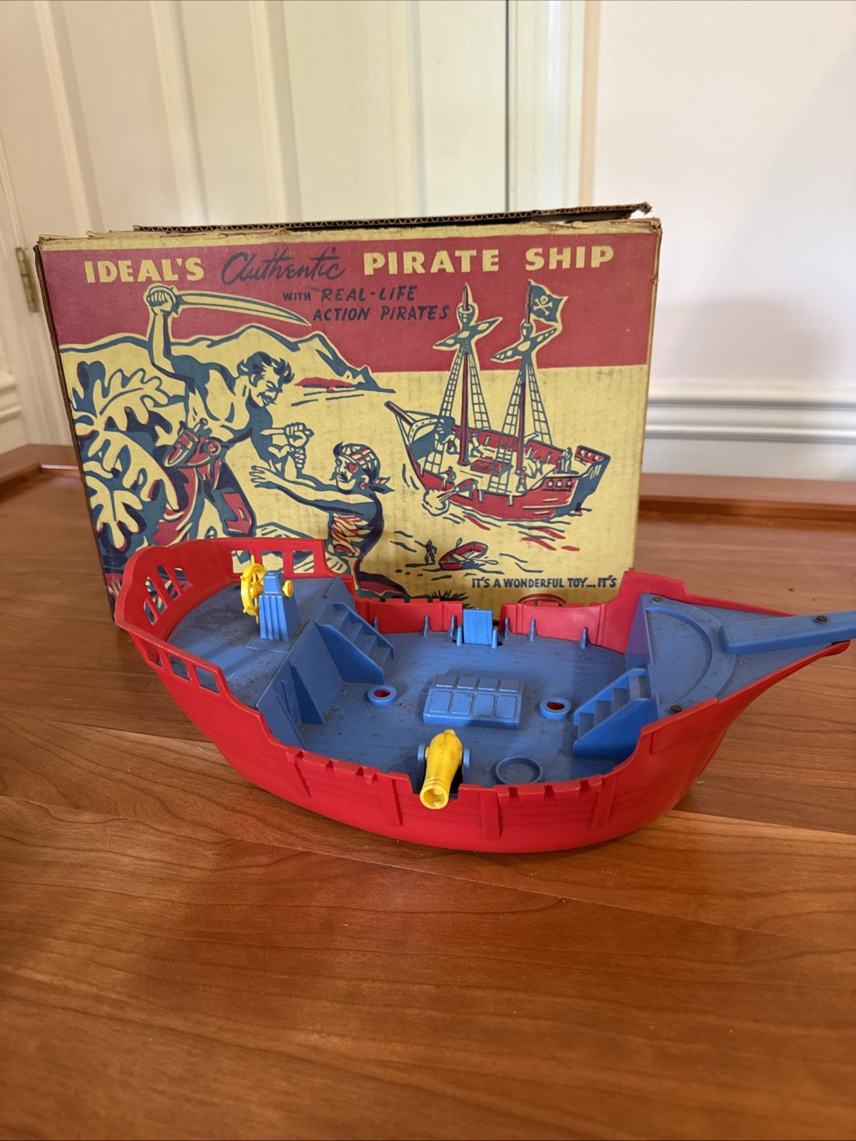 Vintage 1950s Ideal Authentic Pirate Ship No. 4037 Jolly Roger Toy w/ Box
