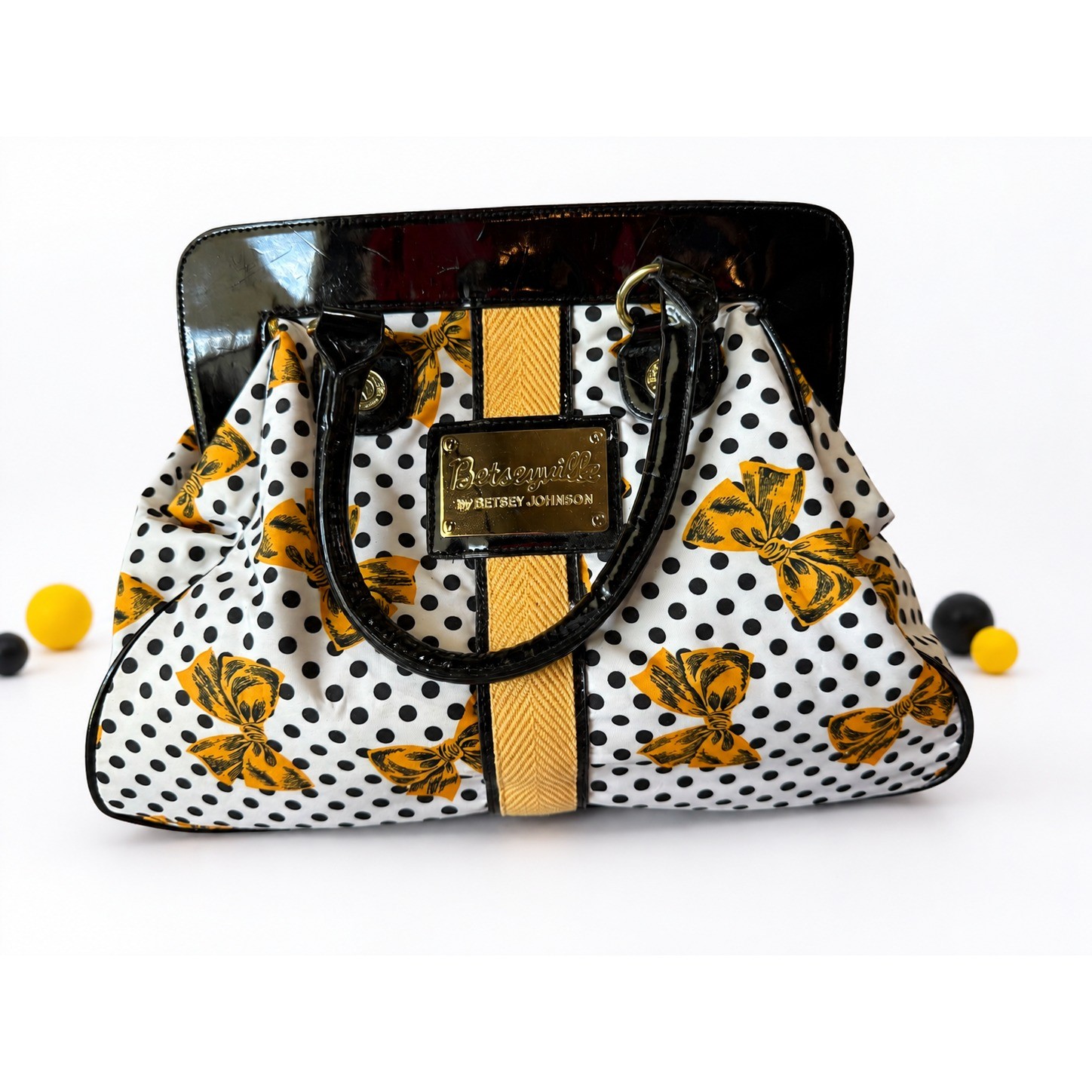 Betseyville Betsey Johnson Vintage Satchel Bag Polka Dot Yellow Bow Patent Trim