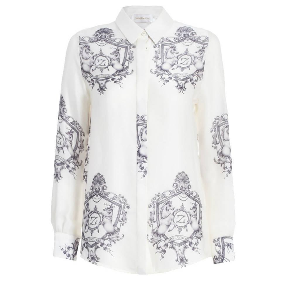 Rare ZIMMERMANN \'Honour Emblem\' Class of 2013 Silk Blouse Shirt Size 1 (Aus 10)