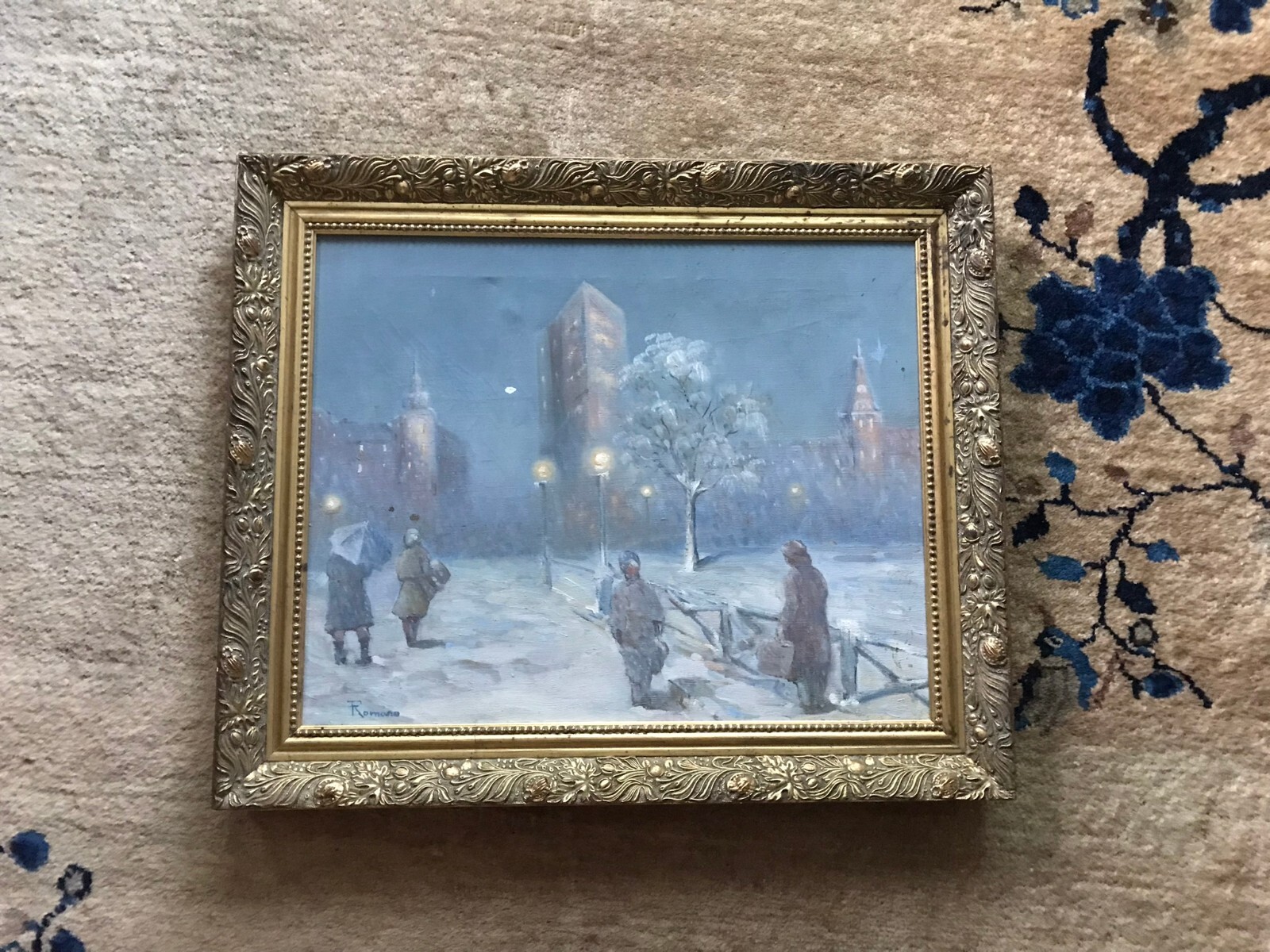 Vintage Romano Oil Painting w/ Giltwood & Plaster frame Made in Czechoslovakia