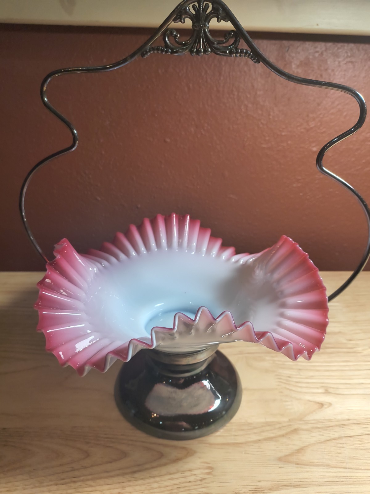 Antique Victorian Brides Basket Pink White Ruffled Cased Glass Bowl Bridal Antique Victorian Brides Basket Pink White Ruffled Cased Glass Bowl Bridal