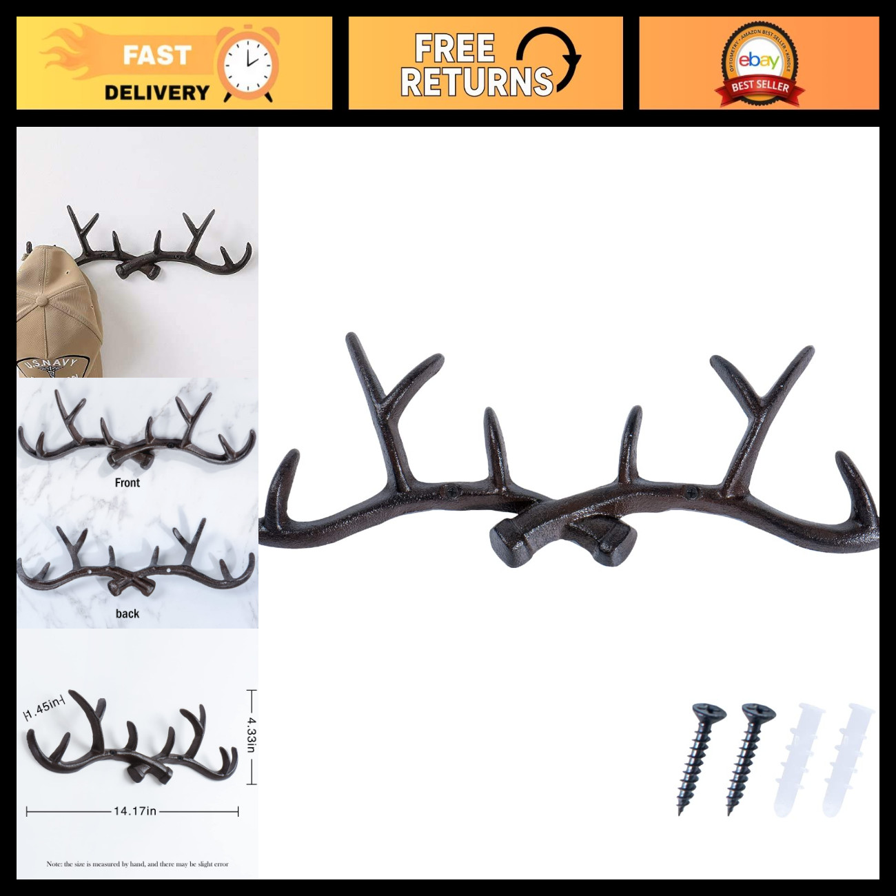 Rustic Vintage Deer Antler Wall Hooks - Cast Iron Coat Rack for Lodge & Cabin De