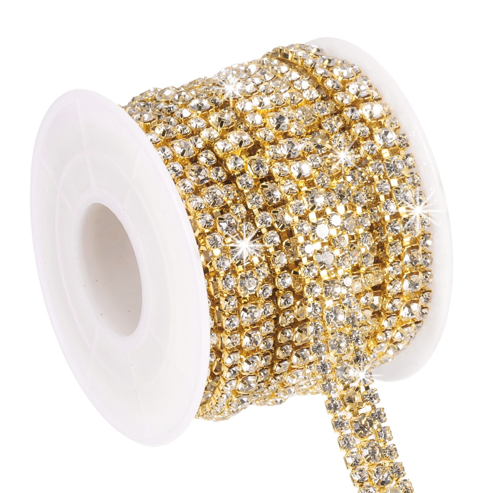 3 Yards Rhinestone Chain Roll, 3 Rows Crystal Close Chain, Gold/White