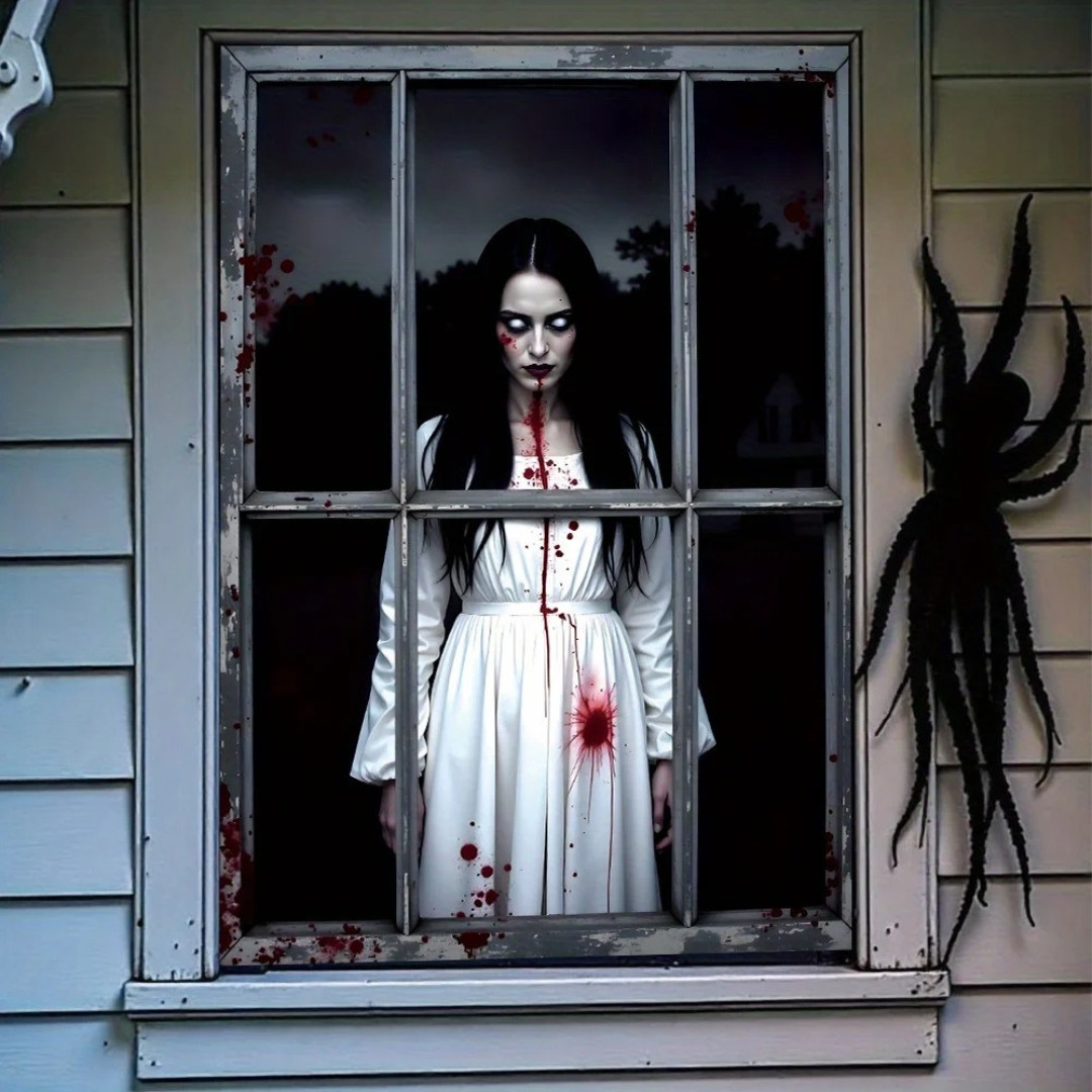 Halloween Ghost Window Backdrop 2D Flat Scary Female Ghost Polyester Decor Halloween Ghost Window Backdrop 2D Flat Scary Female Ghost Polyester Decor