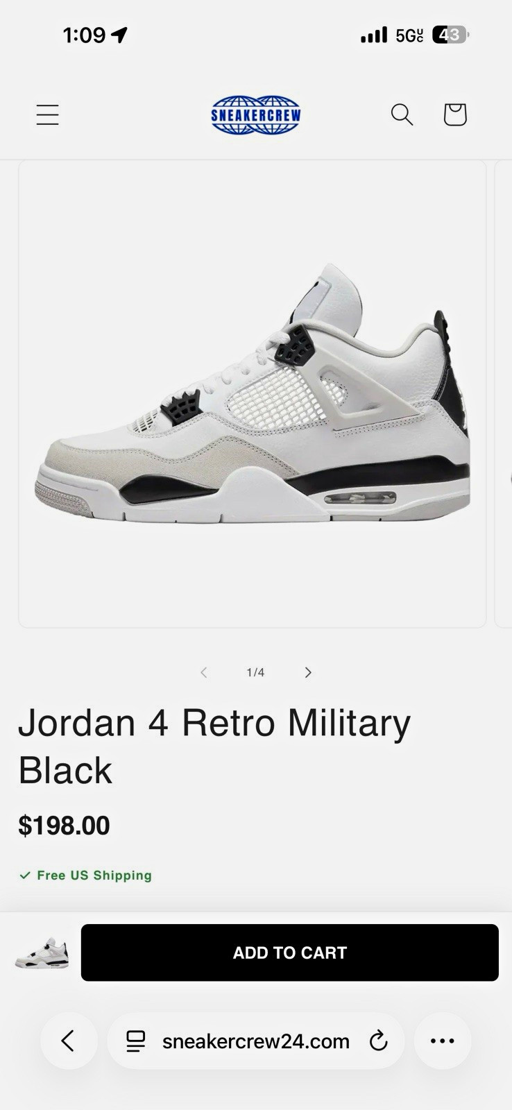 Jordan Air Jordan 4 Retro Military Black 2022 Mid Top Lace-Up Sneaker