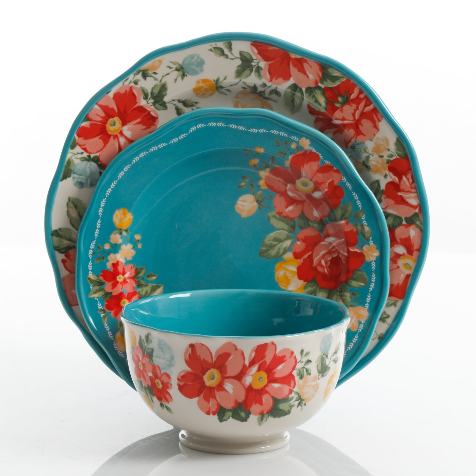 Vintage Floral 12-Piece Dinnerware Set, Teal Vintage Floral 12-Piece Dinnerware Set, Teal