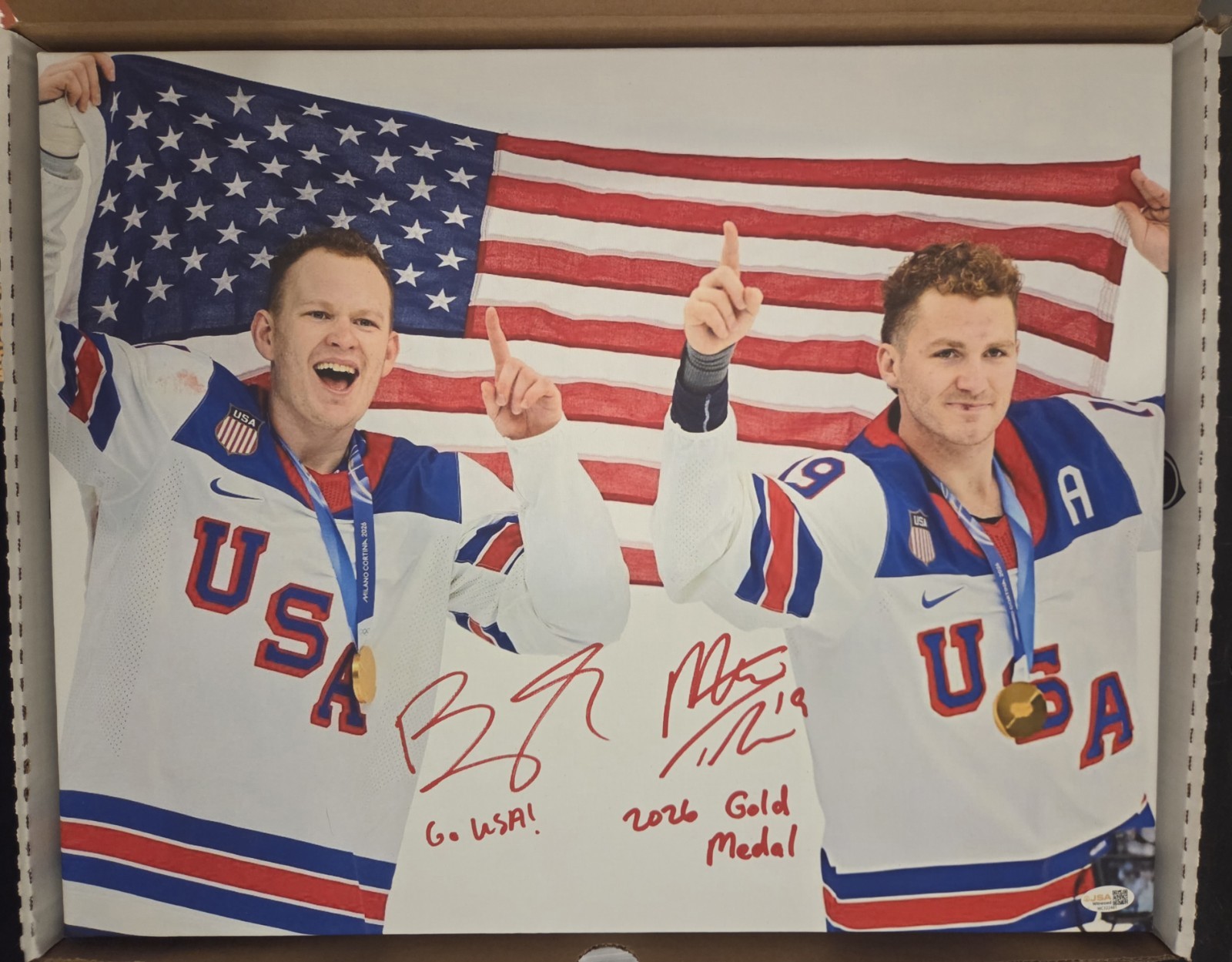 Matthew & Brady Tkachuk Signed 16x20 USA Canvas with Inscriptions. JSA COA.