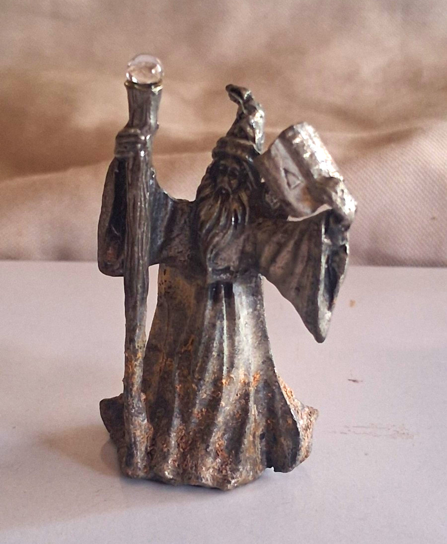 Pewter Tone Metal Wizard Figurine Mini Statue w/ Staff, Orb & Book Fantasy