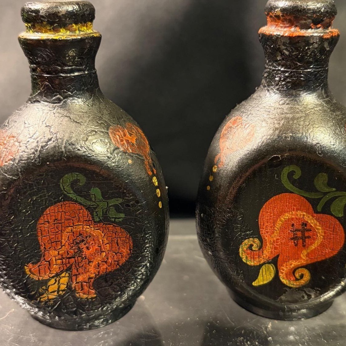 Vintage Hand Painted Folk Art Miniature Black Glass Floral Bottles Set of 2