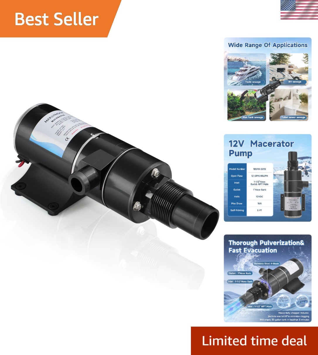 Macerator Pump for Jabsco 18590-2092, 12V 12GPM, Self Priming Macerator Waste Macerator Pump for Jabsco 18590-2092, 12V 12GPM, Self Priming Macerator Waste